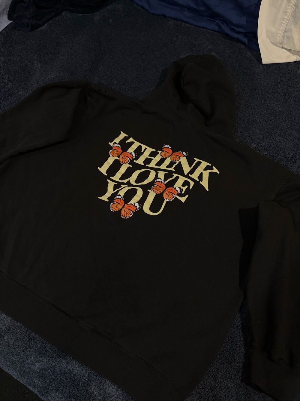 Black Yourstruly Clothing 'I Think I Love You' Hoodie With Orange Butterflies